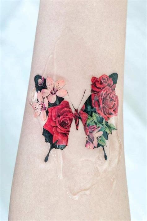 Flower And Butterfly Tattoos On Shoulder