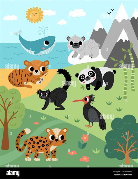 Vector wild forest, mountains, ocean scene with trees, extinct animals ...