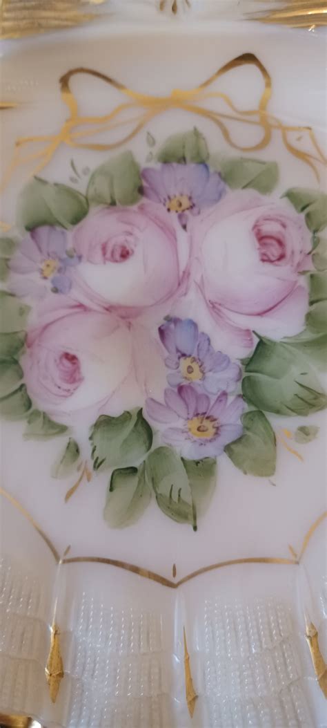 Cambridge Glass Nude Compote Dish Hand Painted Shell Shape Gold Trim Pink With Pink And Purple