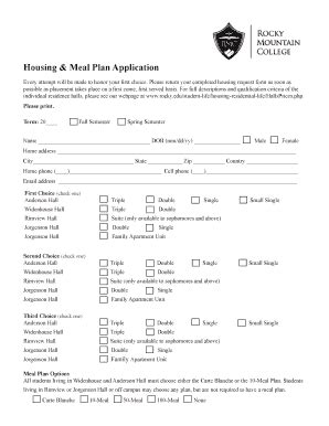 Fillable Online Rocky Housing Meal Plan Application Rocky Mountain