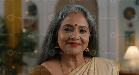 Elegant Mature South Asian Woman In Traditional Saree For Cultural Celebration Stock