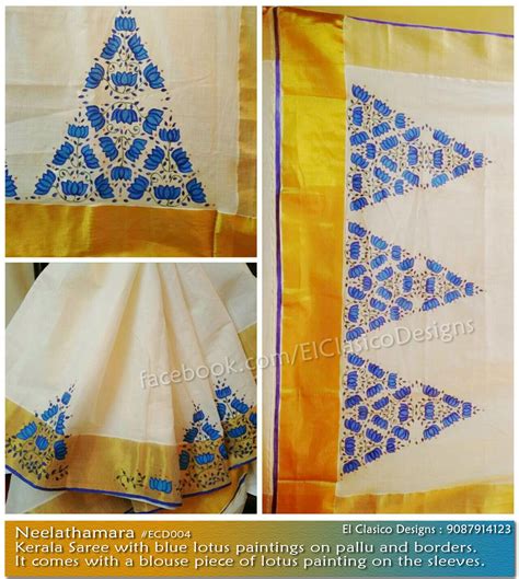 Neelathamara Kerala Saree with blue lotus paintings on pallu and borders. It comes with a blouse ...