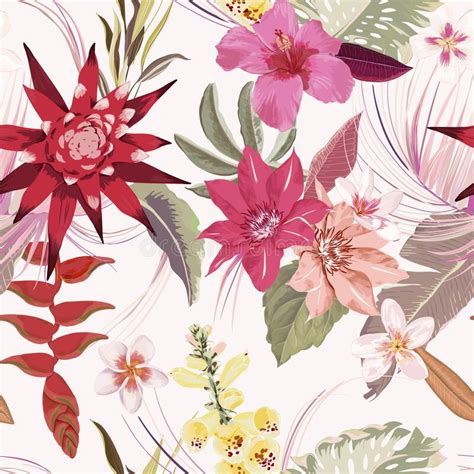 Watercolor Tropical Flowers And Palm Leaves Seamless Pattern Floral