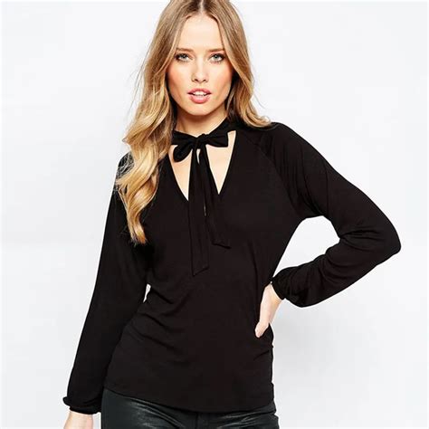 Tie Neck Blouse Pussy Bow Front Shirt In Black Long Sleeve Blouse Plus