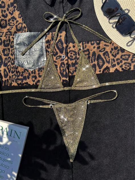 Shein Swim Sxy Glitter Bikini Set Halter Micro Triangle Bra Top V