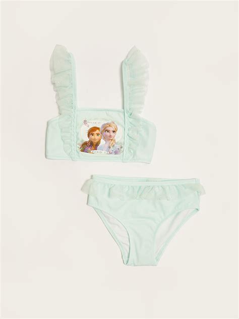 TURKUAZ Esnek Kumaştan Frozen Baskılı Fırfır Detaylı Kız Çocuk Bikini S1G886Z4 FQH LCW