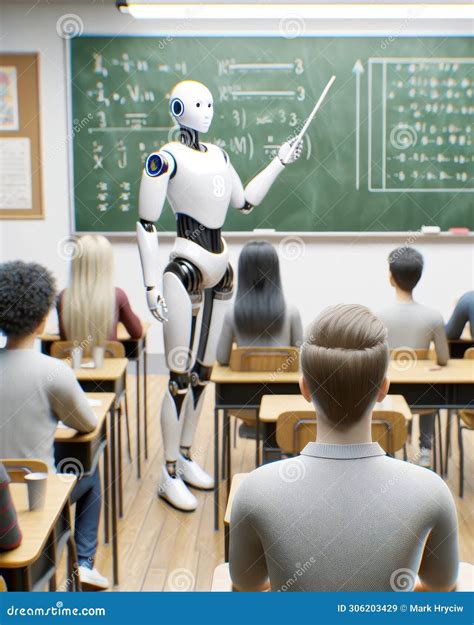 Futuristic AI Robot Professor Teaching High School Students Classroom Cyborg Education Class