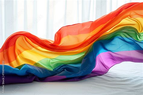 The Gay Pride Rainbow Flag Waving Against Clean Blue Sky Close Up Isolated With Clipping Path