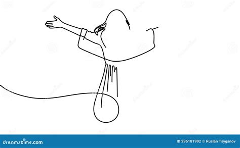 Continuous Line Drawing Of Happy Woman Raised Her Hands Up Motion