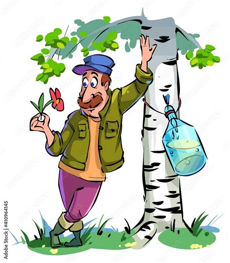Cartoon Romantic Peasant Admires A Flower And Collects Birch Sap Stock