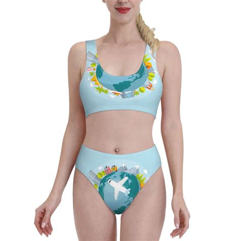 Ocsxa Dreaming Travel Women S High Waisted Bikini Sets Sporty Two Piece Swimsuits Medium