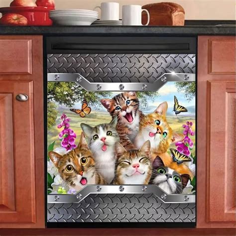 Dishwasher Magnet Cover Cute Cat Realistic Stainless Steel