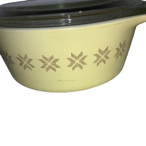 Pyrex Kitchen Vintage Pyrex Town Country Snowflake Yellow Casserole