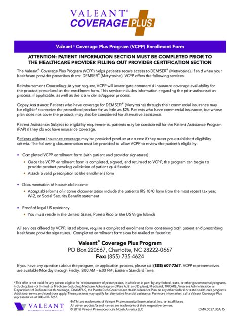 Fillable Online Valeant Coverage Plus Program Vcpp Enrollment Form