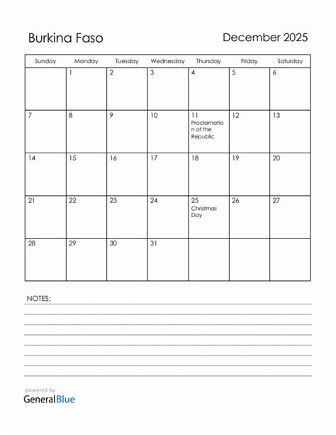 December 2025 Burkina Faso Calendar with Holidays