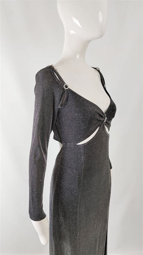 Tadashi Shoji Vintage Silver Lurex Cut Out Evening Dress 1990s Zeus