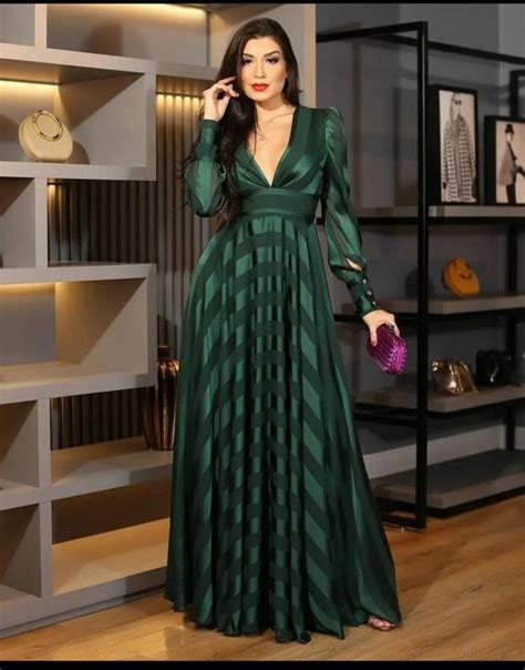 Charming Green Deep V Neck Evening Dress With Long Sleeves Y6283 - Custom Color (Spe… | Maxi ...