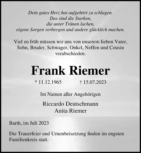 Traueranzeigen Von Frank Riemer Trauer Anzeigen De