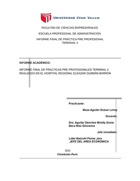 Informe Final De Practicas Pre Profesionales Terminal Ii Realizado En El Hospital Regional