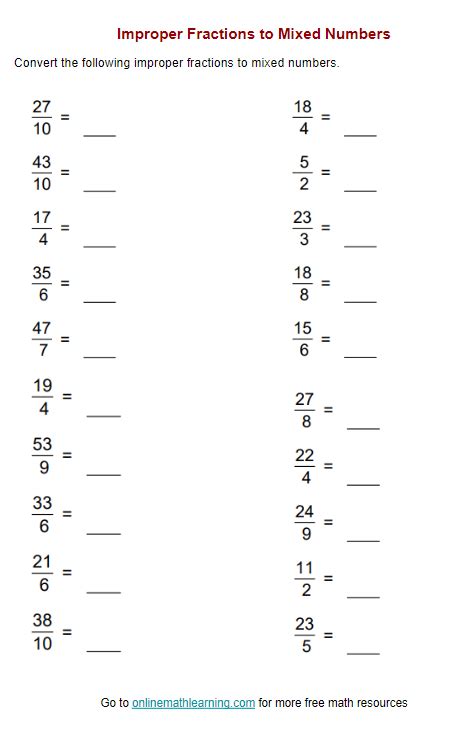 Changing Mixed Numbers To Improper Fractions 4th Grade Skills