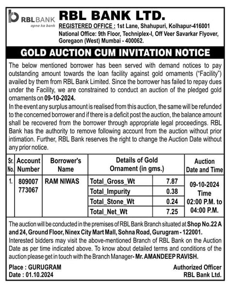 Rbl Bank Auctions For Gold Auctions In Gurugram