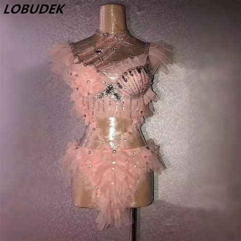 Bar Club Pole Dancing Bikini Costume Pink Rhinestones Tassel Bodysuit Sexy Dj Stage Wear