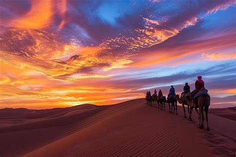 Camel Caravan In Sahara Desert At Sunset Premium Ai Generated Image