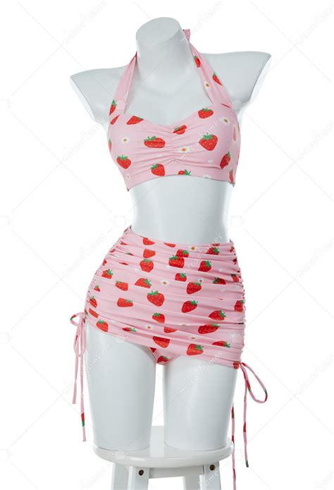 Retro Vintage Strawberry Swimsuit Halter High Waist Bikini Set Two Piece Bathing Suit Top
