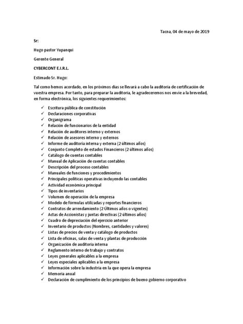 Carta De Requerimiento De Informacion Auditoria Financiera Pdf