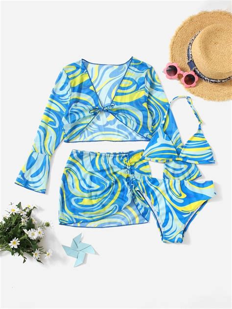 Tween Girl Packs Fluid Pattern Halter Bikini Set Cover Up Top With