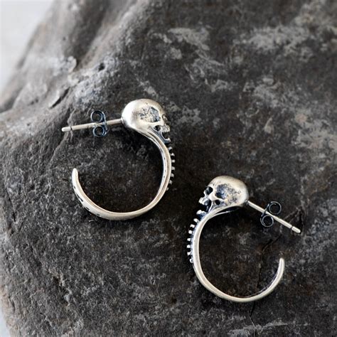 Sterling Silver Skull Hoop Earrings Skull Drop Earrings Mens Womens