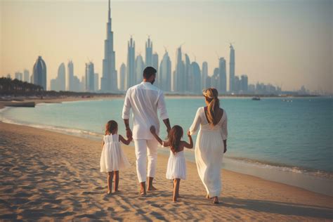 AI generated Happy family of three walking on the beach with Dubai city ...