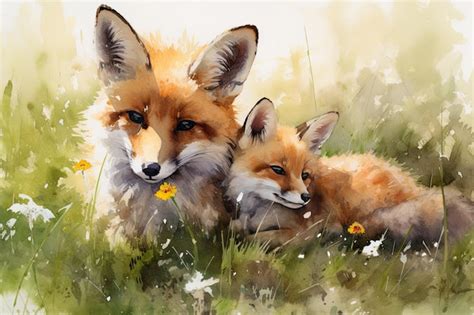 Premium AI Image | Mother red fox and her newborn red fox cubs