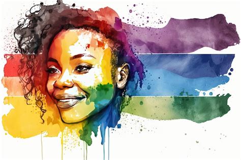 Premium Photo Abstract Watercolor Portrait Of Joyful African Lesbian With Rainbow Flag