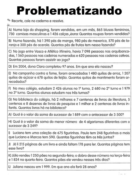 Problemas De Matemática Para 4º Ano Do Fundamental