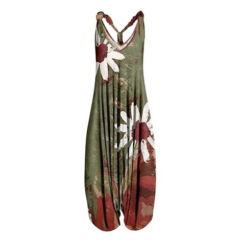 Womens Summer Baggy Harem Jumpsuit Vintage Boho Print Sleeveless Jumpsuit Loose Low Crotch