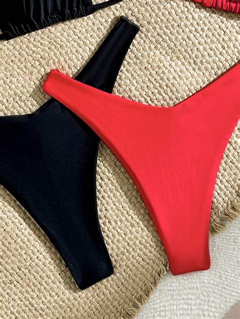 Damen Sommerstrand Einfarbiges Halter Sexy Schwarz Und Rot Bikini Set SHEIN Schweiz