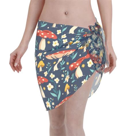 Adobk Women Beach Sarong Bathing Suit Colorful Mushrooms Print Wrap Skirt Sheer Bikini Swimsuit