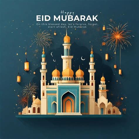 Premium Photo Eid Mubarak Poster With Lanterns And Mosque And