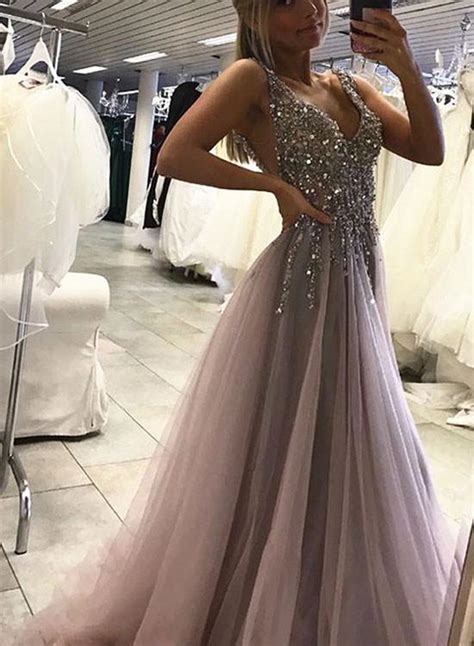 A Line V Neck Backless Prom Dress With Sequins V Neck Backless Formal