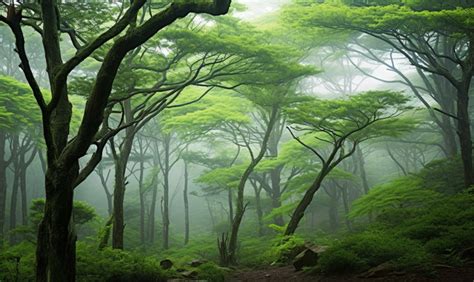 A Foggy Forest With Many Tall Trees Background Gangwon Do High