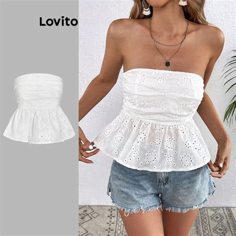 Lovito Boho Plain Ruched Ruffle Hem Tank Tops For Women L68ED069 White