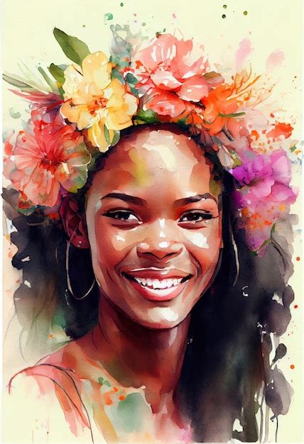 Retrato Em Aquarela Da Linda Mulher Negra Sonhadora Sorridente