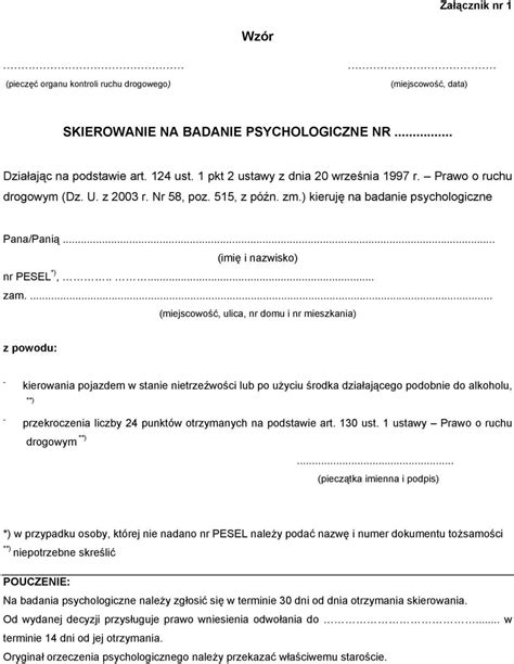 Wzór SKIEROWANIE NA BADANIE PSYCHOLOGICZNE NR PDF Darmowe