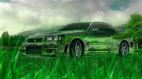 HD wallpaper: Nissan Skyline GTR R34 Crystal Nature Car..., green coupe ...