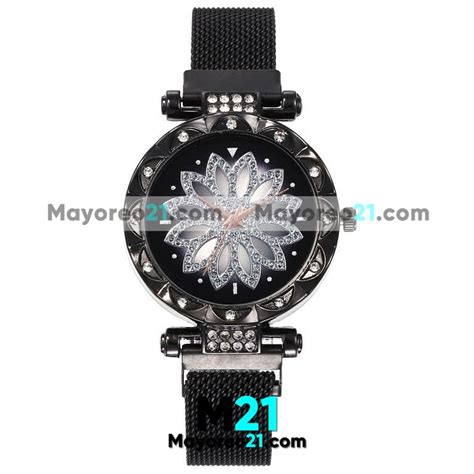 Reloj Diamantes Negro Extensible Metal Mesh Imán Flor de Loto R3464