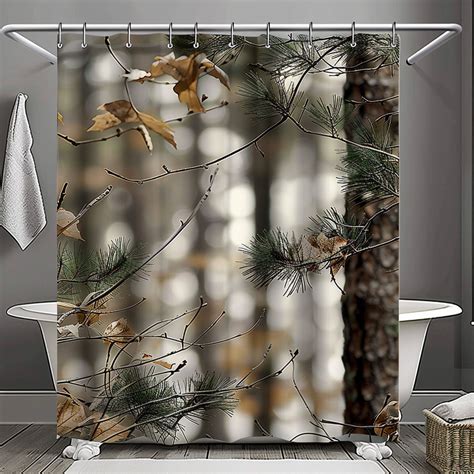 Nature Inspired Camouflage Shower Curtain With Pine Tree Design Perfect