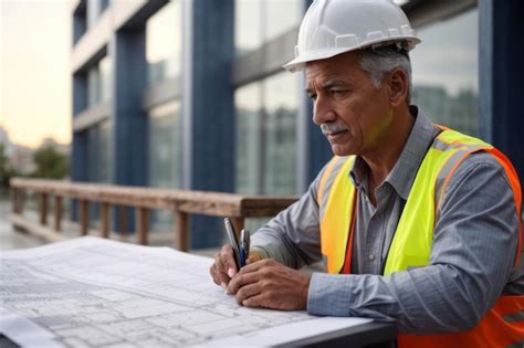 Premium Photo Mature Male Civil Architect Engineer Checking Blueprint