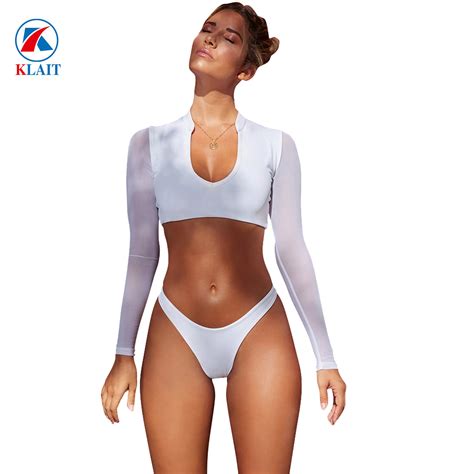 High Leg U Neck Long Sleeve Costume White Mesh Bikini Swimsuit And Bikini Price