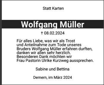 Traueranzeigen von Wolfgang Müller Trauer Nordkurier